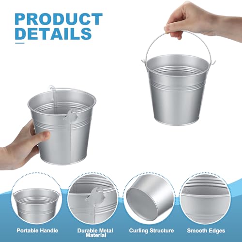 Mini Metal Buckets Set - 12 Colorful Galvanized Containers with Handles, 5.1x4.7 Inches, Silver