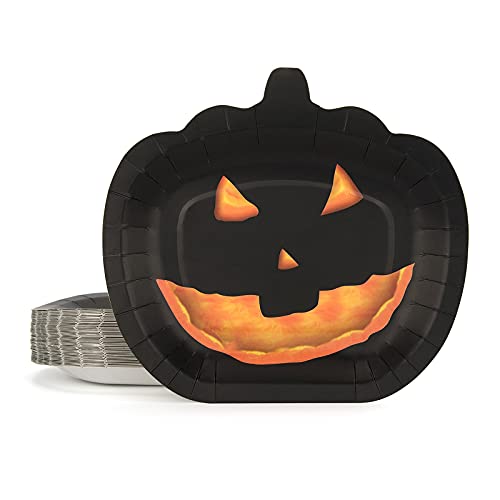 Disposable Halloween Paper Plates - Black Pumpkin Smile Design, 50pcs, 8.3in