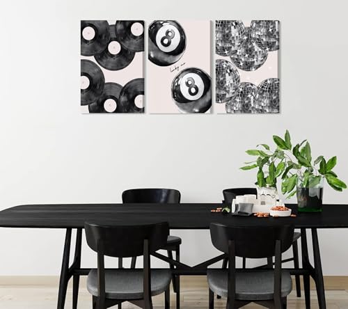 Disco Canvas Wall Art Set - Lucky 8 Ball, Vinyl Record & Disco Ball Prints, 24x16 Inches with Frame