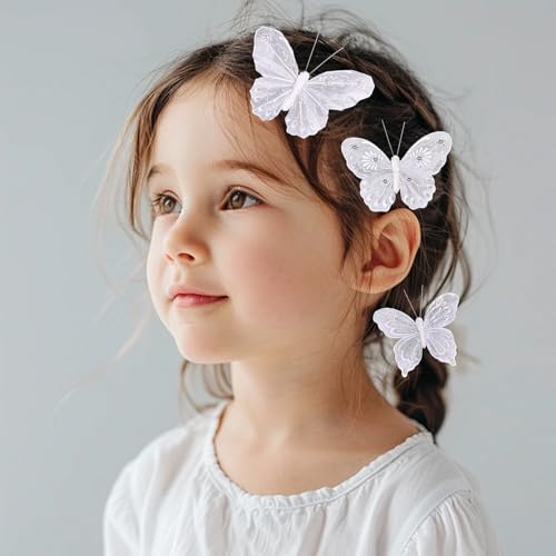 White Feather Butterfly Decorations with Glitter & Pearls - 3.9 Inch Clip-On Craft Ornaments for Weddings & Parties