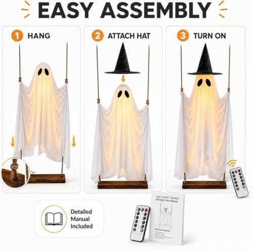 5 Ft Swinging Ghost Halloween Decoration with LED Lights & Removable Witch Hat