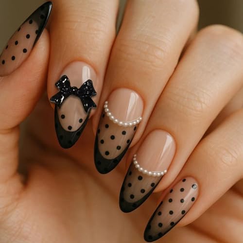 Medium Almond Press On Nails with Black French Tip & Polka Dots – Style-32