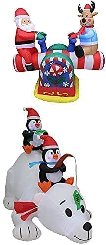 Christmas Inflatable Decorations Bundle - Santa, Reindeer, Penguins with Lights