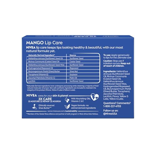 NIVEA Mango Lip Care, Vegan Lip Balm Pack with Shea Butter, Nourishing Oils and Vitamin C & E, 3-in-1 Moisturize, Repair and Protect, 0.17 Oz Stick, Pack of 4