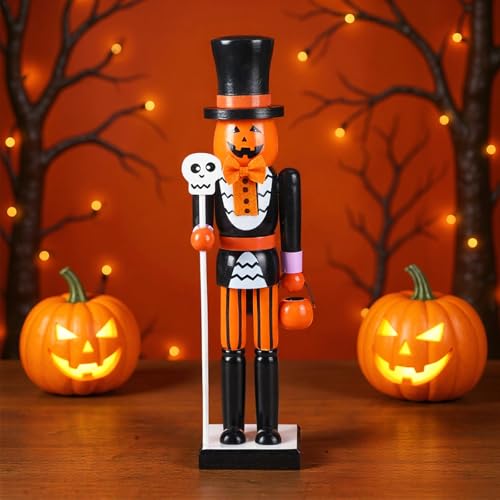 Halloween Pumpkin Nutcracker Decor - Wooden 15 Inch Orange Figurine - Pumpkin Variation