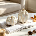 White Gold Pumpkins Decor Set - 2PCS Fall Resin Pumpkin Figurines with Dots & Bead Details - Gold Dots Variation