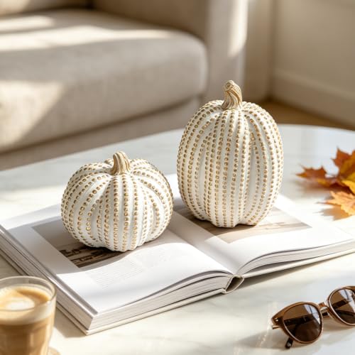 White Gold Pumpkins Decor Set - 2PCS Fall Resin Pumpkin Figurines with Dots & Bead Details - Gold Dots Variation