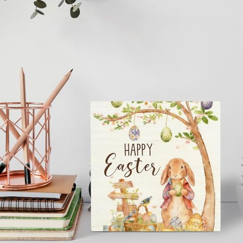 HYKDFMNCJ Bunny04 Easter Bunny Wooden Sign - Spring Desk Decor 5x5 Inch