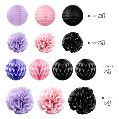 Halloween Paper Lanterns & Garland Decor Set - Pink Purple Black, 22pcs, Reusable