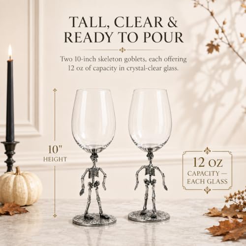 Skeleton Stemmed Wine Glasses Set of 2 - Spooky Gothic Goblets, 10 Inches Tall