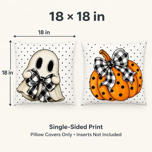 Halloween Pillow Covers 18x18 Set of 2 - Ghost & Pumpkin Farmhouse Decor - White / 18" x 18"