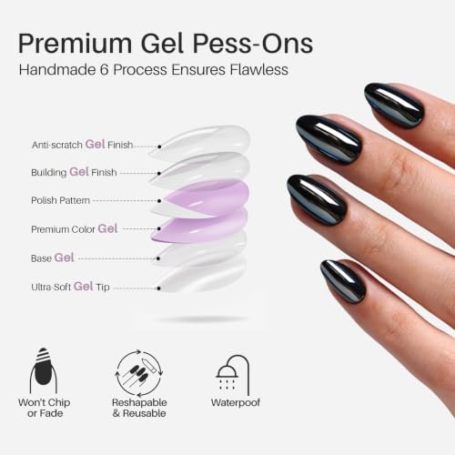 Press On Nails Liquid Onyx Short Almond Black Chrome 32 Count - Salon-Quality Manicure