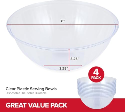48 oz Clear Plastic Serving Bowls Set of 4 - Disposable Salad & Snack Dishes