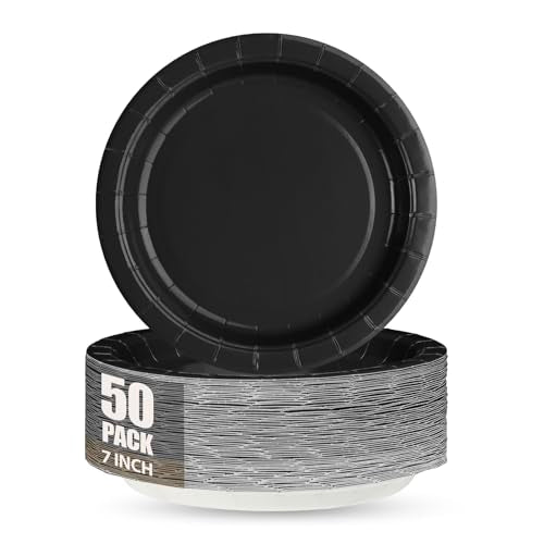 Black Disposable Paper Plates 7 Inch Set of 50 Heavy Duty Party Dinnerware