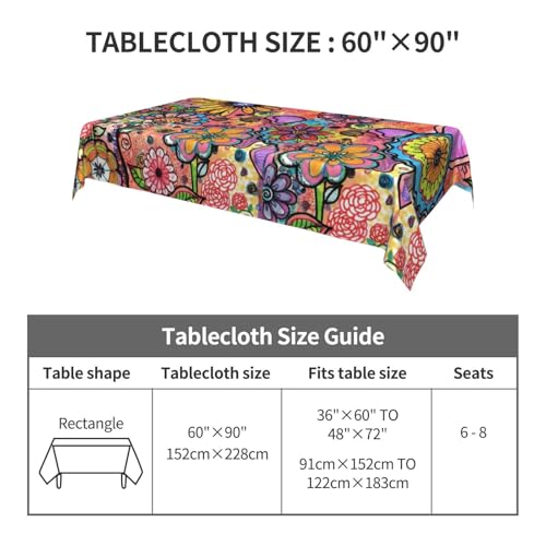 Hippie Flowers Rectangular Tablecloth 60x90 Inch Washable Outdoor Dining Cover - Boho Decor
