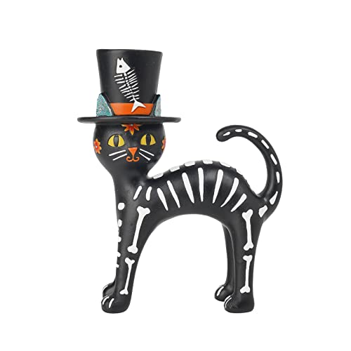 Halloween Cat Skeleton Statue - Sugar Skull Gothic Decor for Day of the Dead