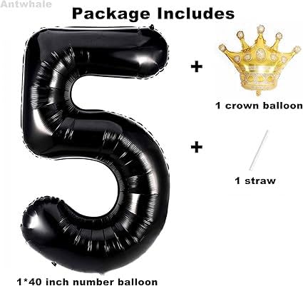 Black 5 40 Inch Foil Number Balloon with Gold Crown for 5th Birthday Anniversary Party Decoration