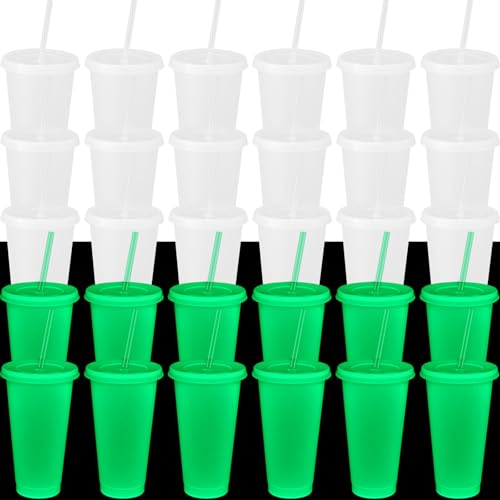 Glow in the Dark Halloween Cups - 24 oz Fluorescent Green, 30 Pack with Lids & Straws