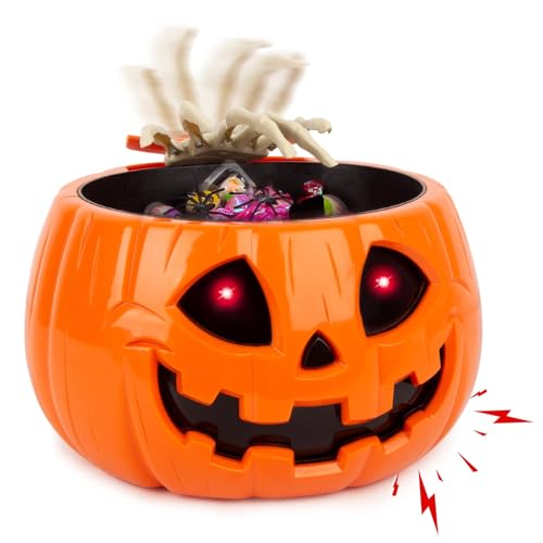Animatronic Halloween Candy Bowl with Skeleton Hands and Glowing Eyes - Motion Activated Pumpkin Decor