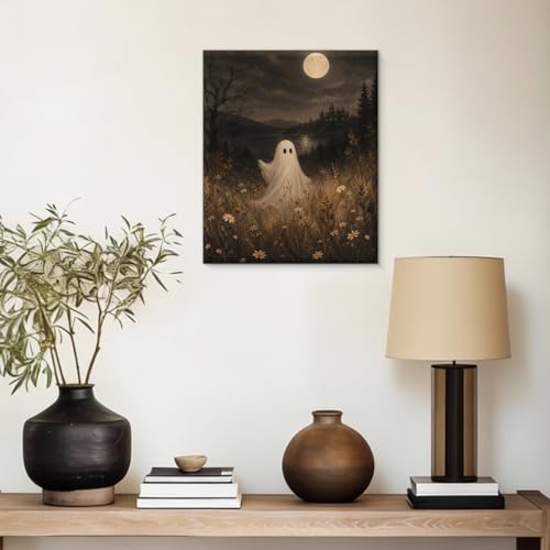 Halloween Ghost Wall Art Canvas - Foggy Meadow Scene, 8x10 Inches