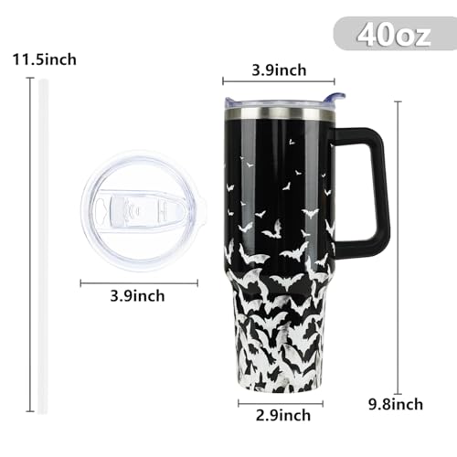 Halloween Bat Tumbler 40 oz Stainless Steel Reusable Drink Cup with Lid & Straw - Black White Gray
