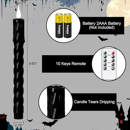 Wondise Halloween Black Flameless Taper Candles with Remote Timer - 2 Pack