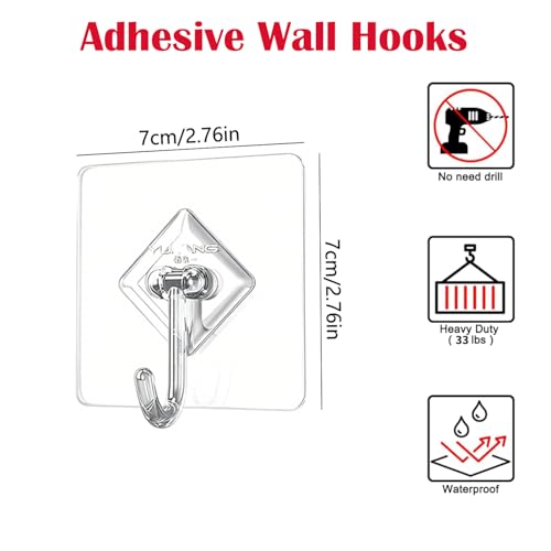 Large Waterproof Adhesive Wall Hooks 10-Pack for Holiday & Home Decor - Clear