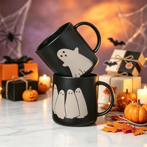 Black Ghost Ceramic Coffee Mug Set of 2 - Matte Black Halloween Drinkware