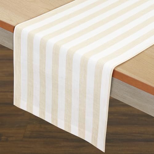 Solino Home 100% Linen Table Runner - Natural & White Striped, 14x120 Inches - Handcrafted European Flax
