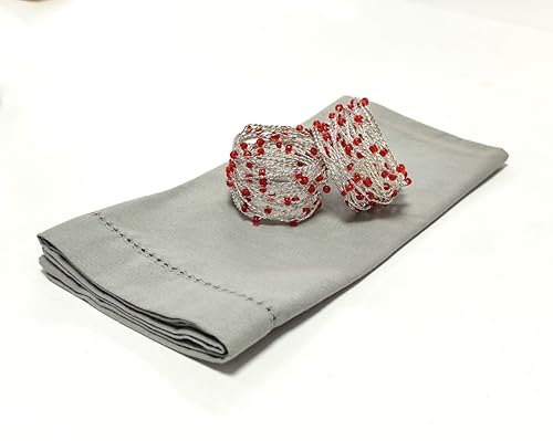Silver Red Beaded Napkin Ring Set of 12 Mesh Beaded Elegant Table Decor