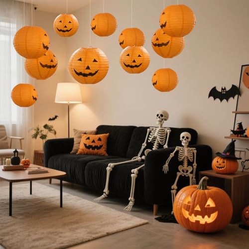 Floating Jack-O-Lantern Decor Set - 12pcs 10in Halloween Lanterns with LED Tea Lights & Remote - Variation: Jack-O-Lantern