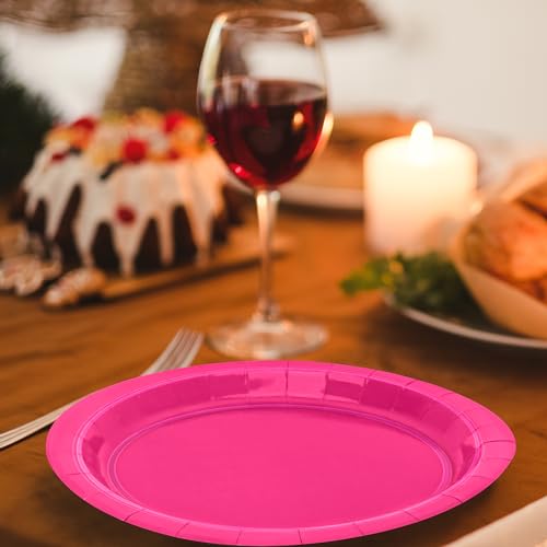 Pink Paper Plates 9 Inch - Fuchsia Disposable Tableware Set - Variation Cerise