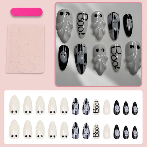 Halloween Fake Nails - Medium Almond 3D Gothic Ghost Design - Variation of THIS listing