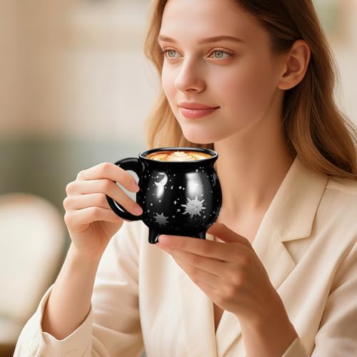 Black Ceramic Cauldron Mug 450ml - Celestial Sun & Moon Coffee Cup, Quirky Goth Drinkware