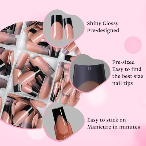 Medium Square Black French Tip Press-On Nails - 240pcs Fake Nails with Glue & Tools
