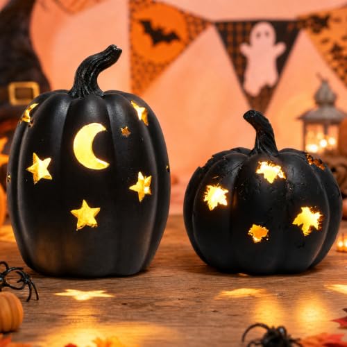 Moon Stars Black Resin Light-Up Pumpkin Figurine - Halloween Decor, 5.3"