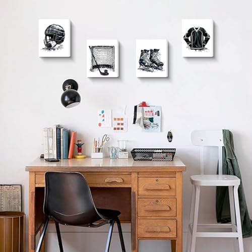 8x10 Inch Hockey Wall Art Set of 4 Framed Canvas Prints - Black & White Sports Decor
