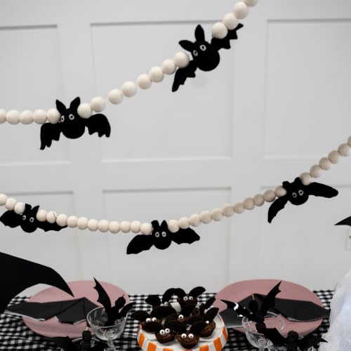 Halloween Felt Bat Garland - Black & White Party Decorations, 8 Bats with Wool Balls - Variation of Bat