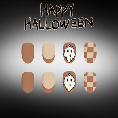 Press On Halloween Nails Set - Medium Oval Fake Nails with Ghost Design, Style 10
