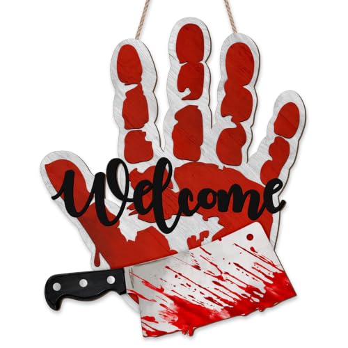 Halloween Bloody Handprint Welcome Sign for Front Door Horror Knife Decor