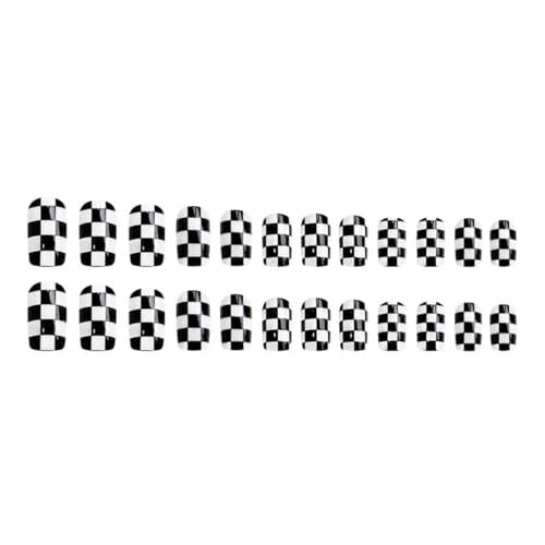 Short Press-On Nails Black and White Checkerboard Style19 - Fake Acrylic Square False Nails for Women Girls