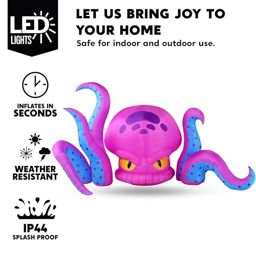 Purple Big-Headed Halloween Inflatable Octopus with LEDs - 10ft Yard Decor