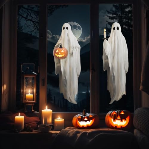 Halloween Window Clings 3-Pack Large White Ghosts with Pumpkin Lanterns - Indoor Decor