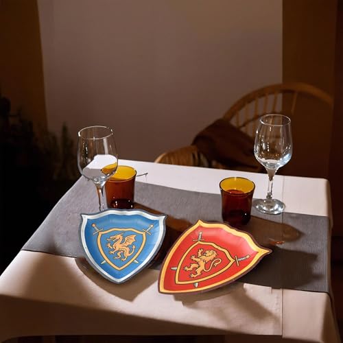 Medieval Knight and Dragon Paper Plates - 48 Pcs Shield-Shaped Tableware for Fantasy & Castle Theme Parties