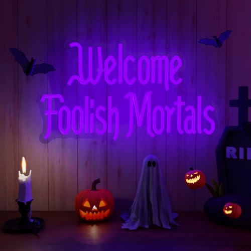 Purple Welcome Foolish Mortals Neon Sign Gothic Haunted House LED Lights - Dimmable USB