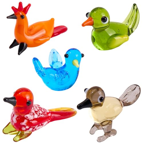 Hand Blown Glass Bird Figurine Set - 5 Styles Mini Lampwork Animal Decor - Birds & Doves Set
