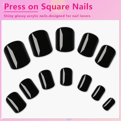 Black Short Square Press On Nails - 240pcs Fake Nails with 12 Sizes & Accessories