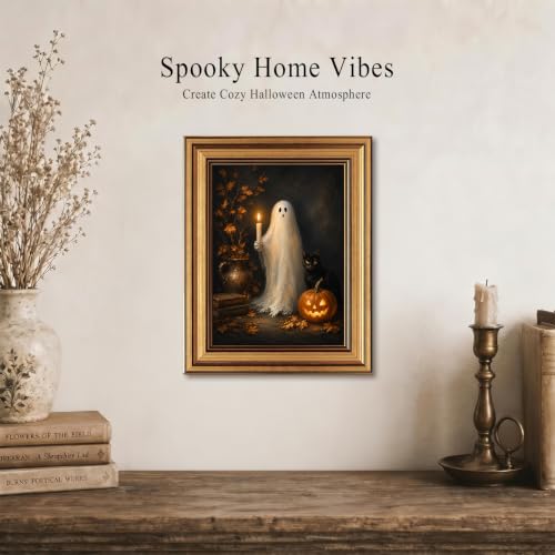 Halloween Ghost Wall Art with Black Cat - Gold Framed Canvas Decor - Variation of Ghost Holding Candle