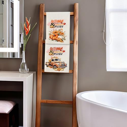 Fall Hand Towels Set of 2 - Pumpkin & Retro Truck Kitchen & Bathroom Decor