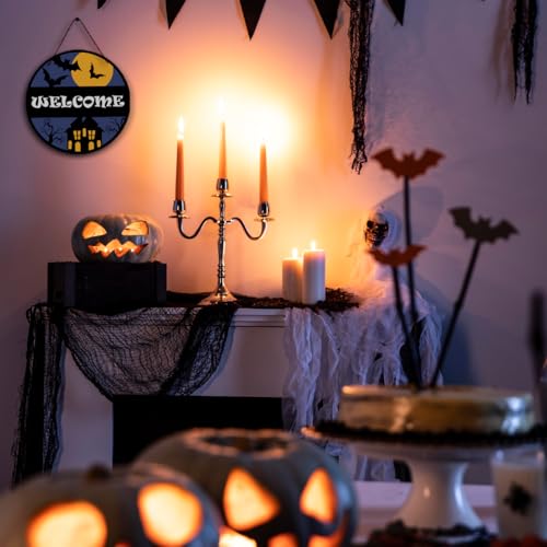 Halloween Welcome Sign - Spooky Night Door Hanger Wooden Decor 8x8 Inches